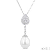 9X7 MM Pear Shape Mount Cultured Pearl Drop and 1/5 ctw Round Cut Diamond Fashion Pendant With Chain in 14K White Gold